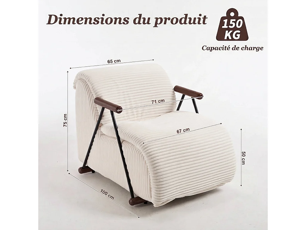 Fauteuil Salon Fixe en Velours Côtelé - Design Ergonomique, Confort Moelleux, Accoudoirs en Bois, Structure Robuste pour Salon et Chambre