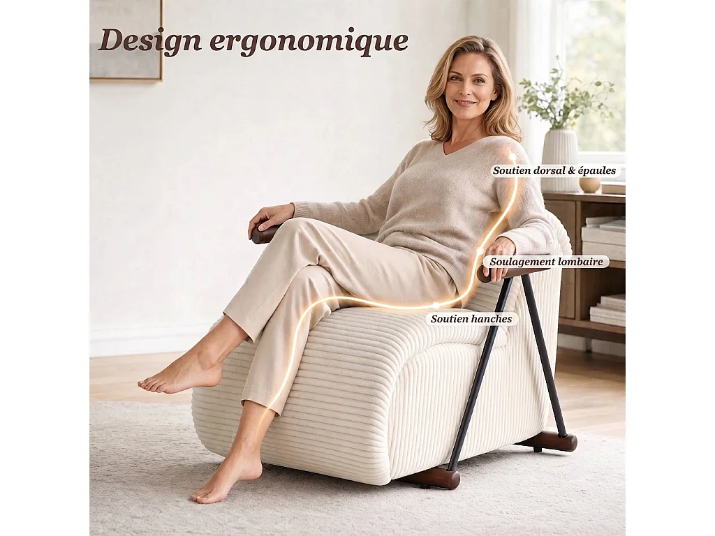 Fauteuil Salon Fixe en Velours Côtelé - Design Ergonomique, Confort Moelleux, Accoudoirs en Bois, Structure Robuste pour Salon et Chambre
