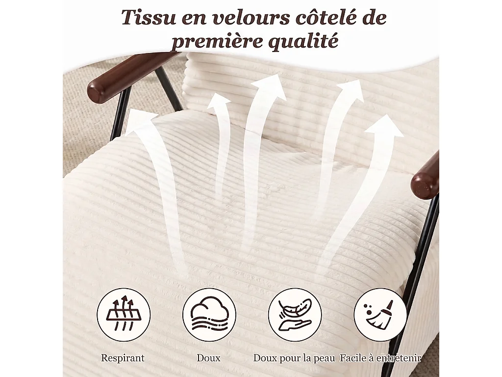 Fauteuil Salon Fixe en Velours Côtelé - Design Ergonomique, Confort Moelleux, Accoudoirs en Bois, Structure Robuste pour Salon et Chambre