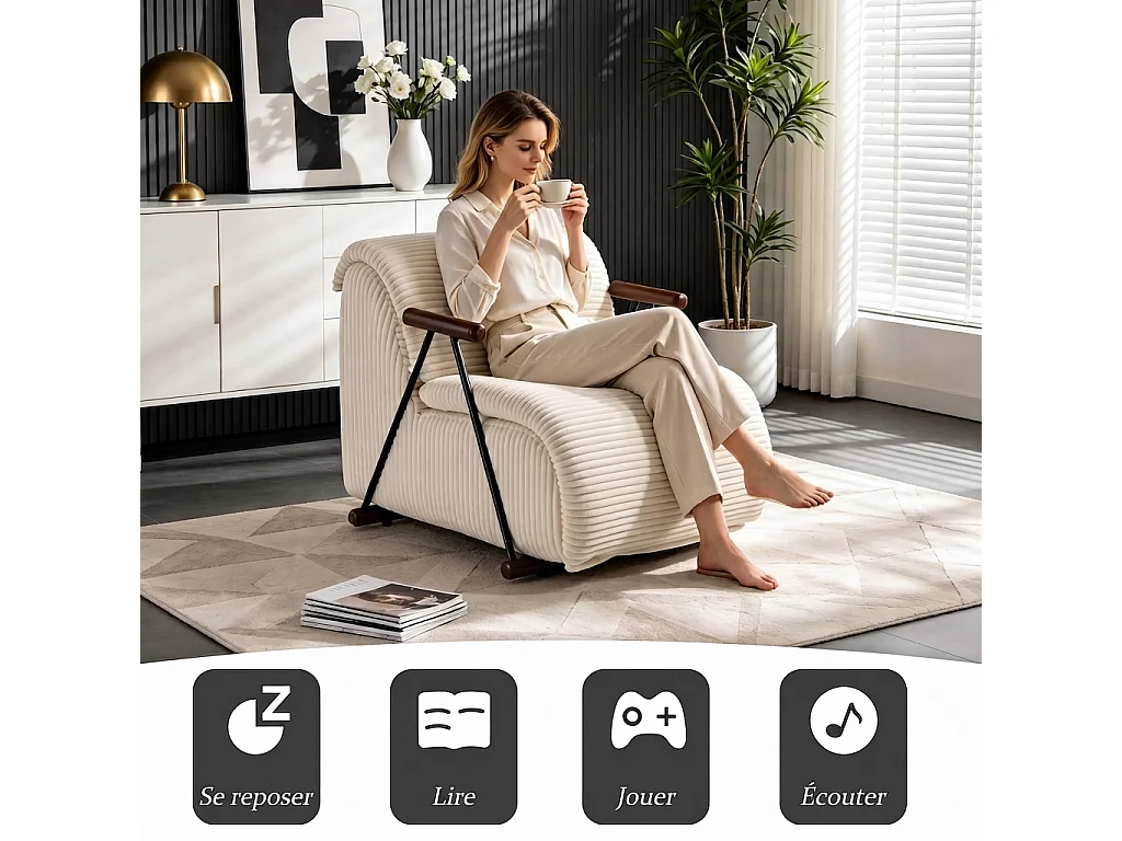 Fauteuil Salon Fixe en Velours Côtelé - Design Ergonomique, Confort Moelleux, Accoudoirs en Bois, Structure Robuste pour Salon et Chambre