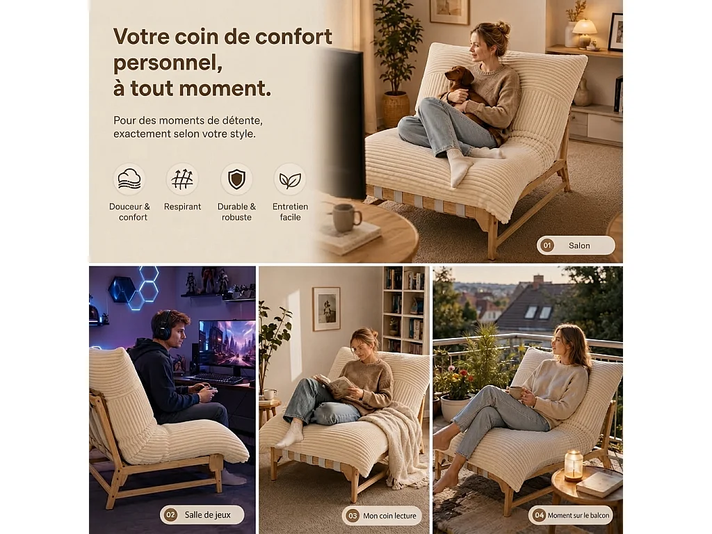 Fauteuil Lounge, Fauteuil Pouf XXL, Tissu Peluche Côtelé, Chaise Longue Ergonomique avec Mousse à Mémoire de Forme, Fauteuil Salon, 114x117x94cm, Taupe