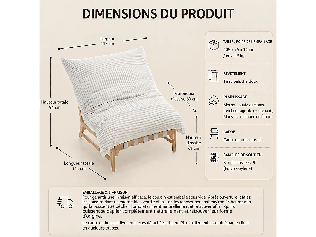 Fauteuil Lounge, Fauteuil Pouf XXL, Tissu Peluche Côtelé, Chaise Longue Ergonomique avec Mousse à Mémoire de Forme, Fauteuil Salon, 114x117x94cm, Taupe
