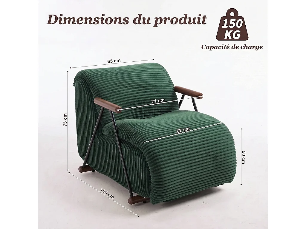 Fauteuil Salon Fixe en Velours Côtelé - Design Ergonomique, Confort Moelleux, Accoudoirs en Bois, Structure Robuste pour Salon et Chambre