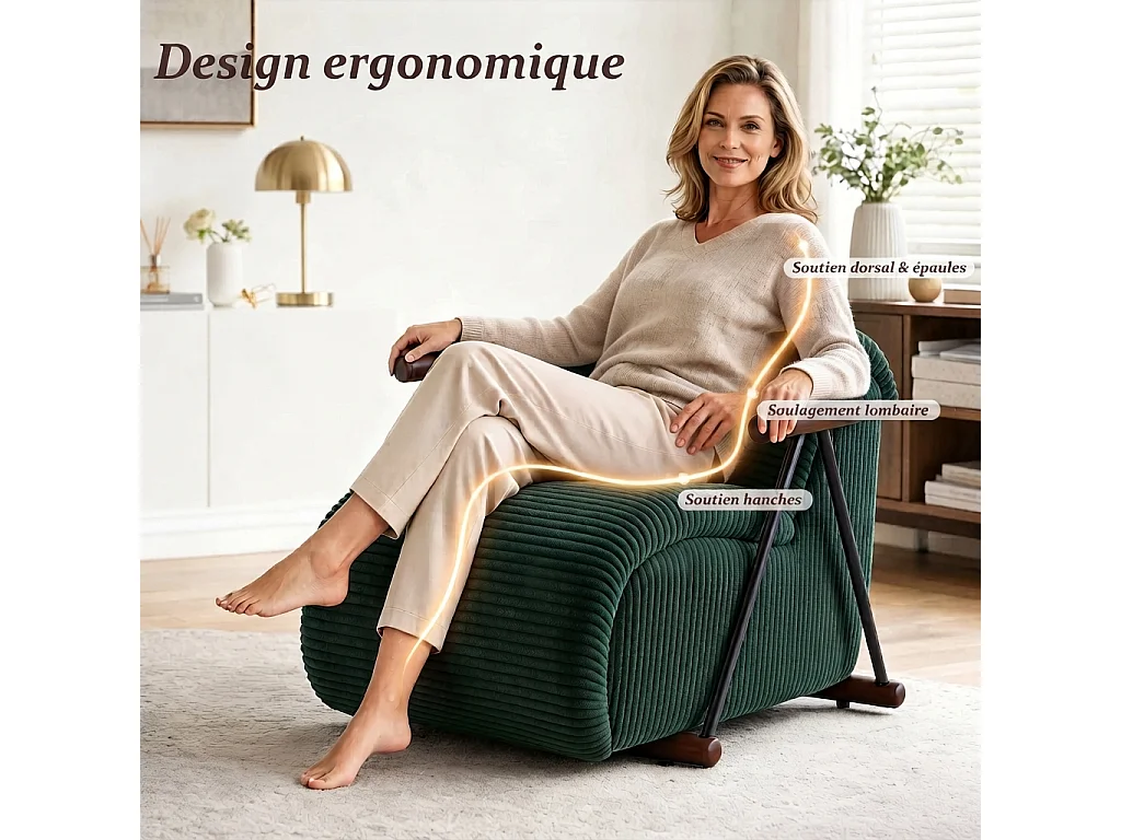 Fauteuil Salon Fixe en Velours Côtelé - Design Ergonomique, Confort Moelleux, Accoudoirs en Bois, Structure Robuste pour Salon et Chambre