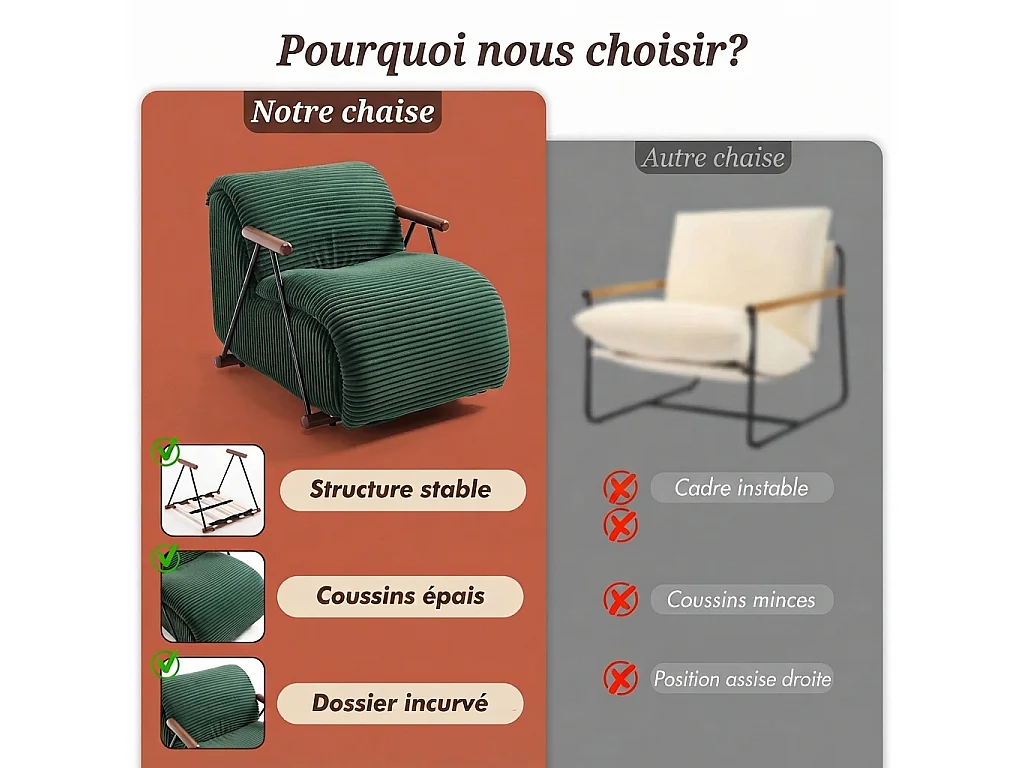 Fauteuil Salon Fixe en Velours Côtelé - Design Ergonomique, Confort Moelleux, Accoudoirs en Bois, Structure Robuste pour Salon et Chambre