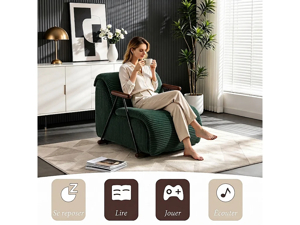 Fauteuil Salon Fixe en Velours Côtelé - Design Ergonomique, Confort Moelleux, Accoudoirs en Bois, Structure Robuste pour Salon et Chambre
