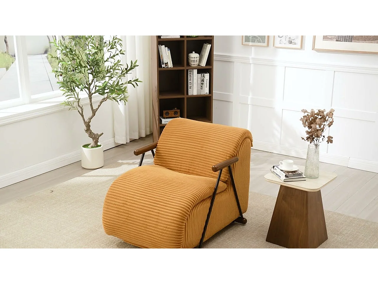 Fauteuil Salon Fixe en Velours Côtelé - Design Ergonomique, Confort Moelleux, Accoudoirs en Bois, Structure Robuste pour Salon et Chambre