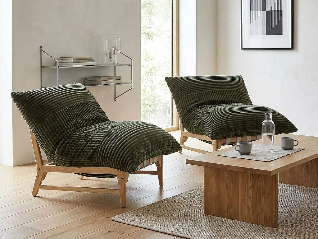 Fauteuil Lounge, Fauteuil Pouf XXL, Tissu Peluche Côtelé, Chaise Longue Ergonomique avec Mousse à Mémoire de Forme, Fauteuil Salon, 114x117x94cm, Vert