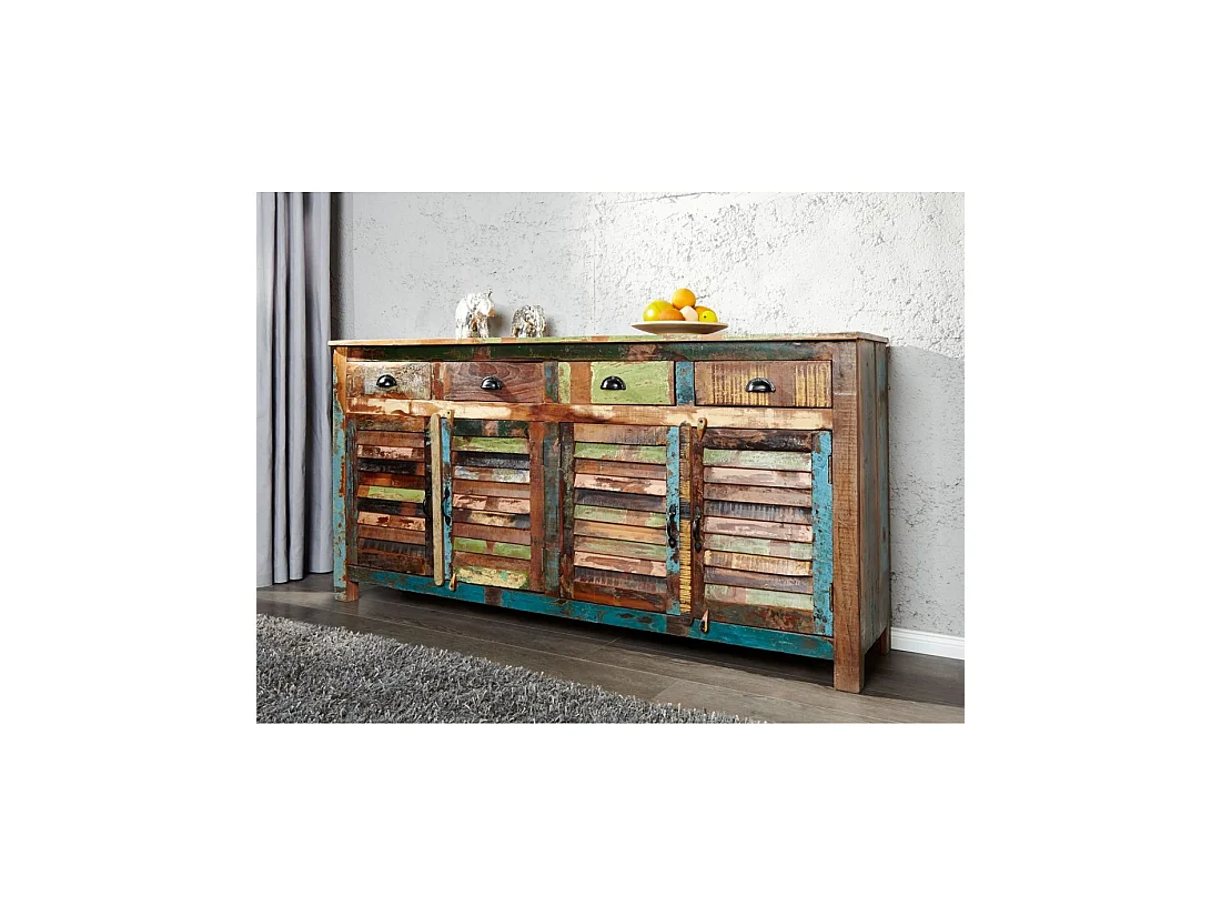 Buffet PATCHWOOD 160 cm in legno riciclato multicolore – 4 porte a persiana, 4 cassetti e finitura colorata