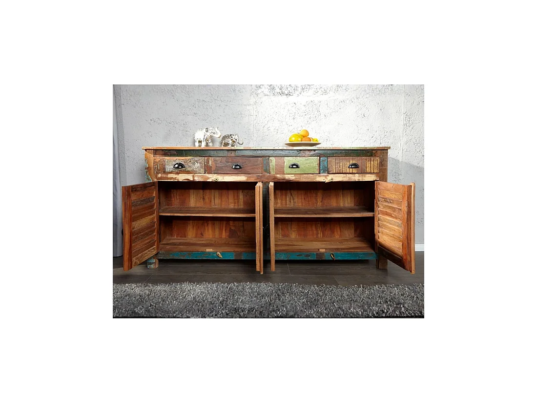 Buffet PATCHWOOD 160 cm in legno riciclato multicolore – 4 porte a persiana, 4 cassetti e finitura colorata