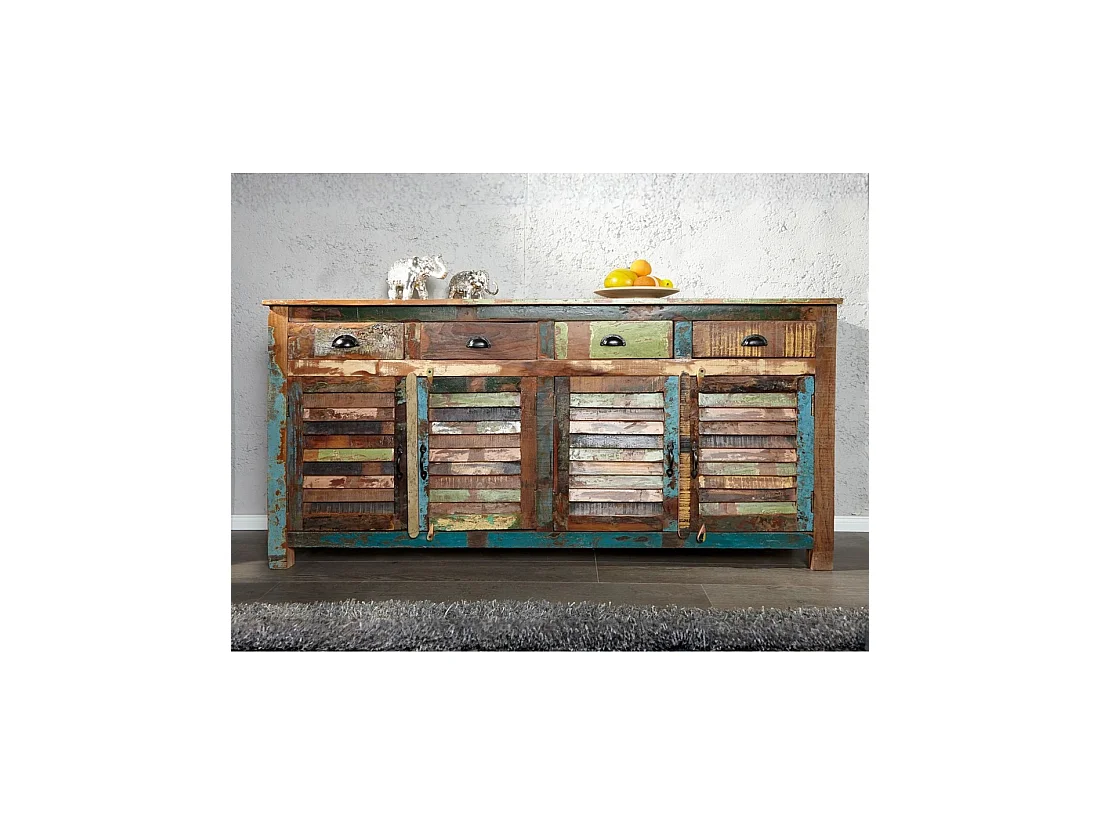 Buffet PATCHWOOD 160 cm in legno riciclato multicolore – 4 porte a persiana, 4 cassetti e finitura colorata