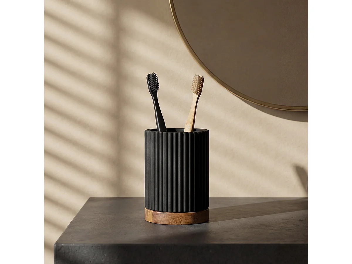 Pot brosse à dents - Résine noire et bois - LAGO