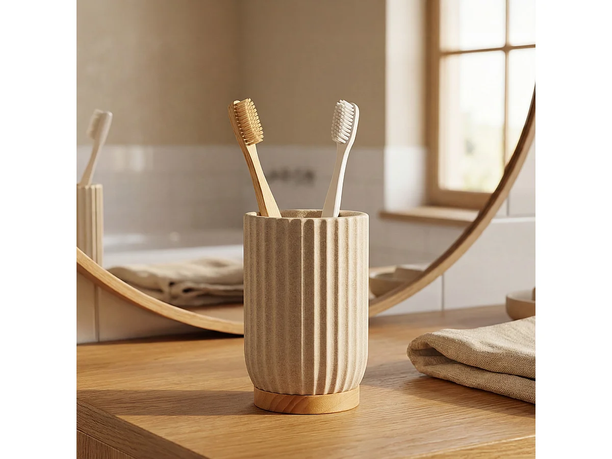 Pot brosse à dents - Résine beige et bois - OCEANO
