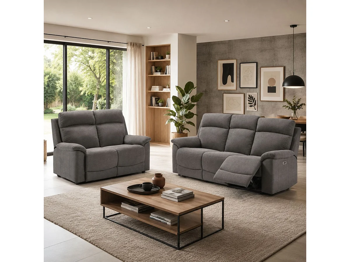 Canapé 3 places relax électrique tissu waterproof gris - BRIANA