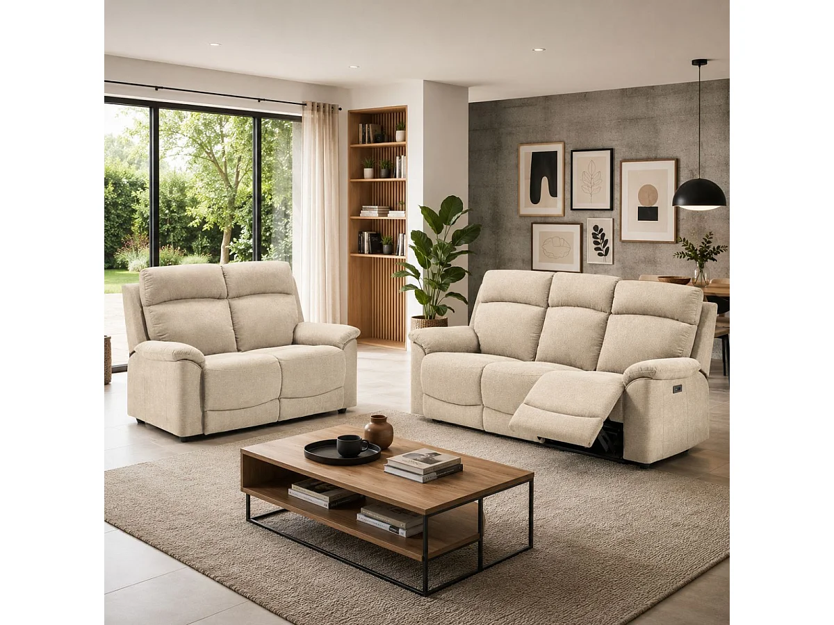 Canapé 3 places relax électrique tissu waterproof ivoire - BRIANA