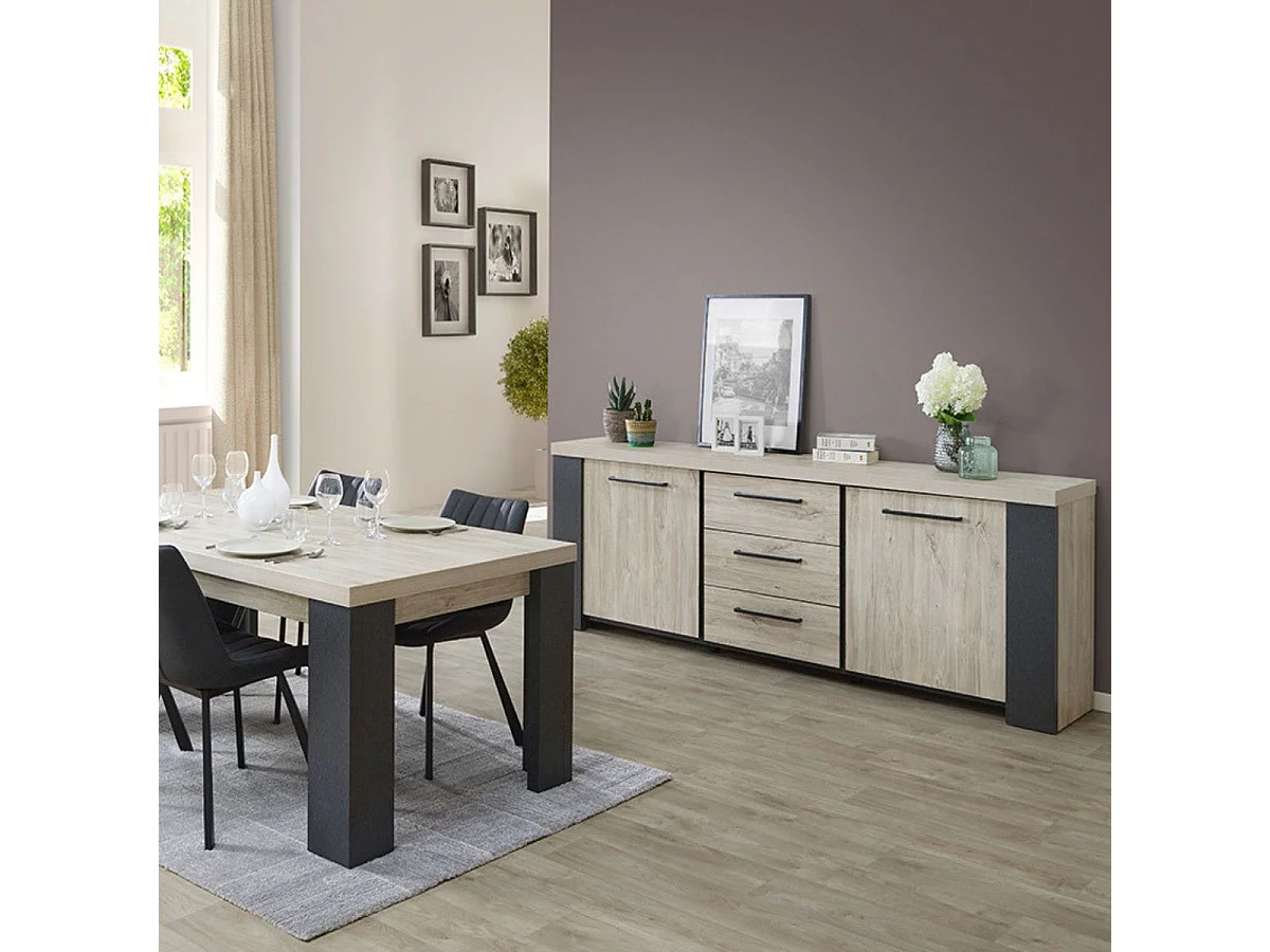 Séjour table + buffet finition chêne clair et gris ardoise - HADÈS