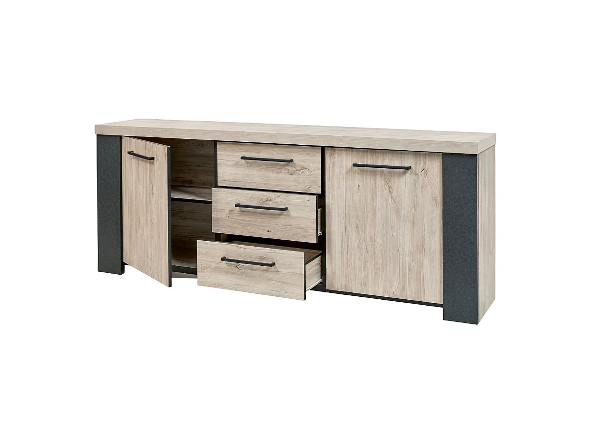 Séjour table + buffet finition chêne clair et gris ardoise - HADÈS
