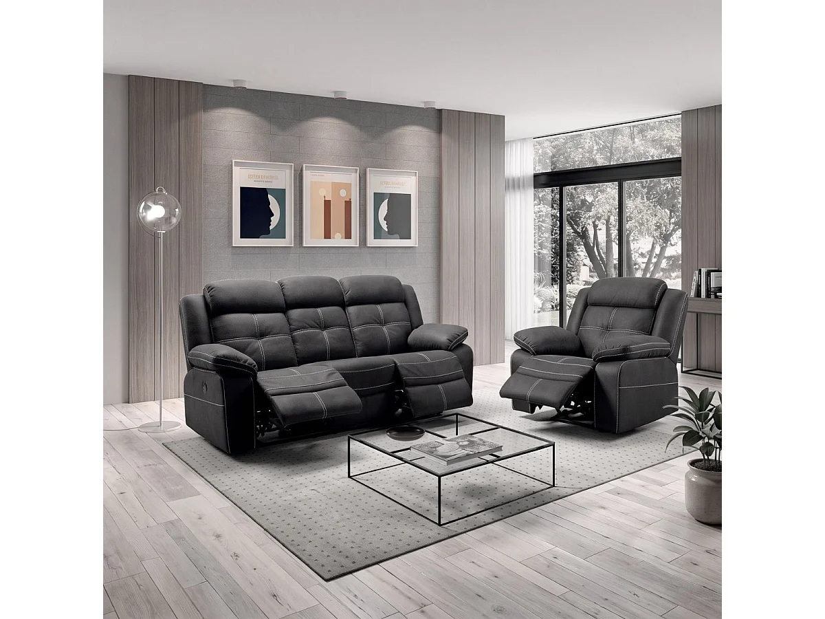 Canapé 3 places relax électrique tissu aspect peau gris - ADOLIS