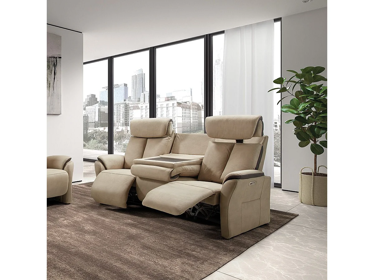 Canapé 3 places relax électrique New Nobuck beige et gris foncé - ODEON