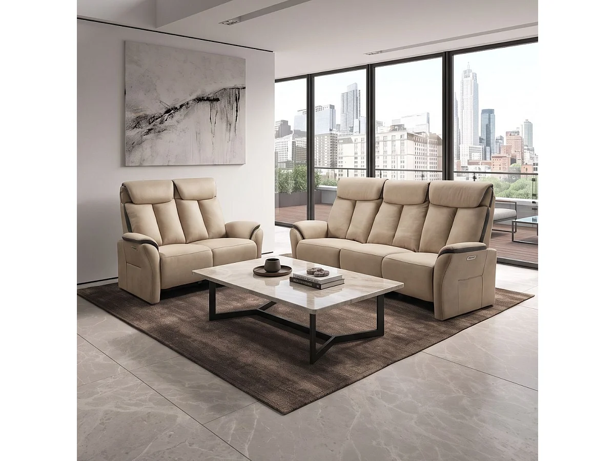 Canapé 3 places relax électrique New Nobuck beige et gris foncé - ODEON