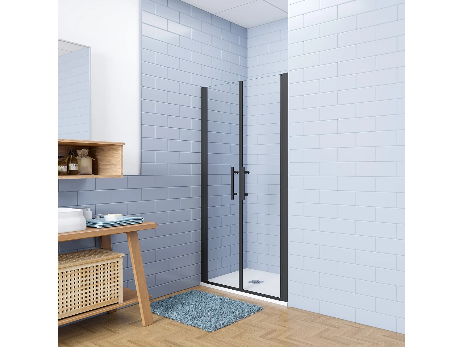 Aica industriële stijl dubbele draaideuren 80x180cm incl. ultraplatte douchebak 80x80cm-Slate leisteenlook-incl. sifon-6mm nano gehard glas-mat zwarte aluminium