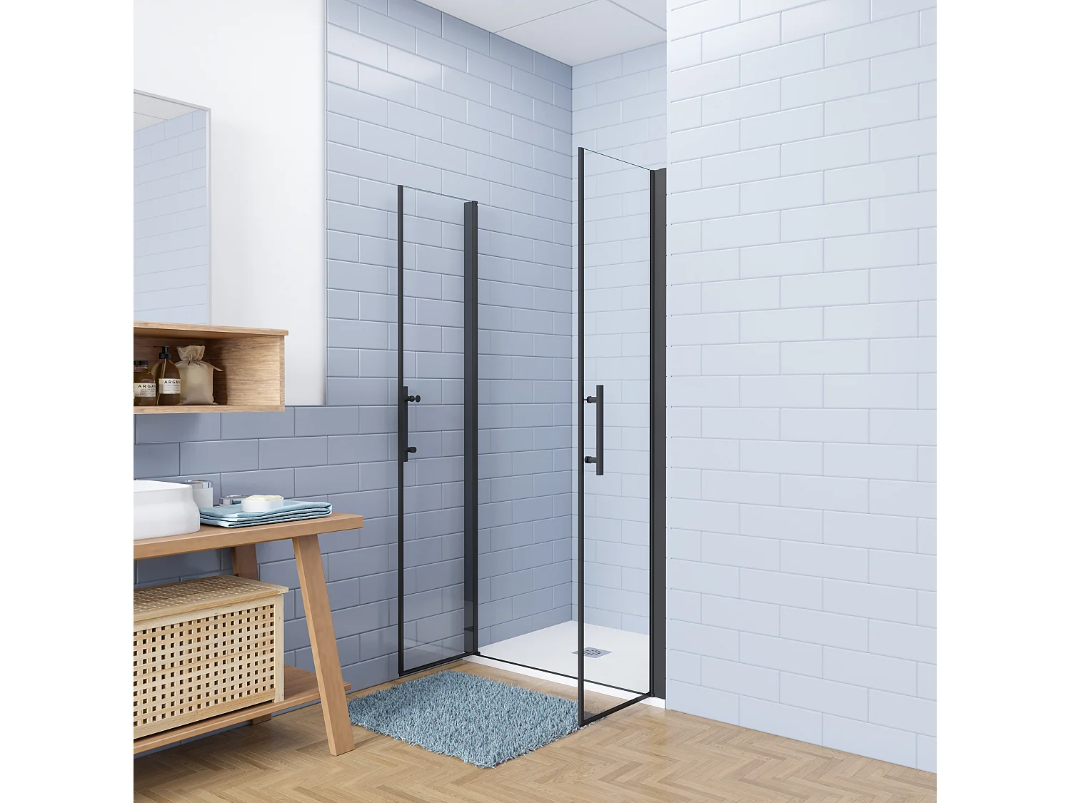 Aica industriële stijl dubbele draaideuren 80x180cm incl. ultraplatte douchebak 80x80cm-Slate leisteenlook-incl. sifon-6mm nano gehard glas-mat zwarte aluminium
