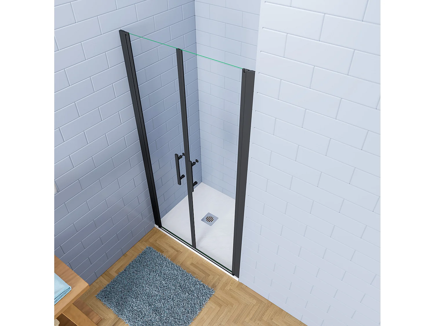 Aica industriële stijl dubbele draaideuren 80x180cm incl. ultraplatte douchebak 80x80cm-Slate leisteenlook-incl. sifon-6mm nano gehard glas-mat zwarte aluminium