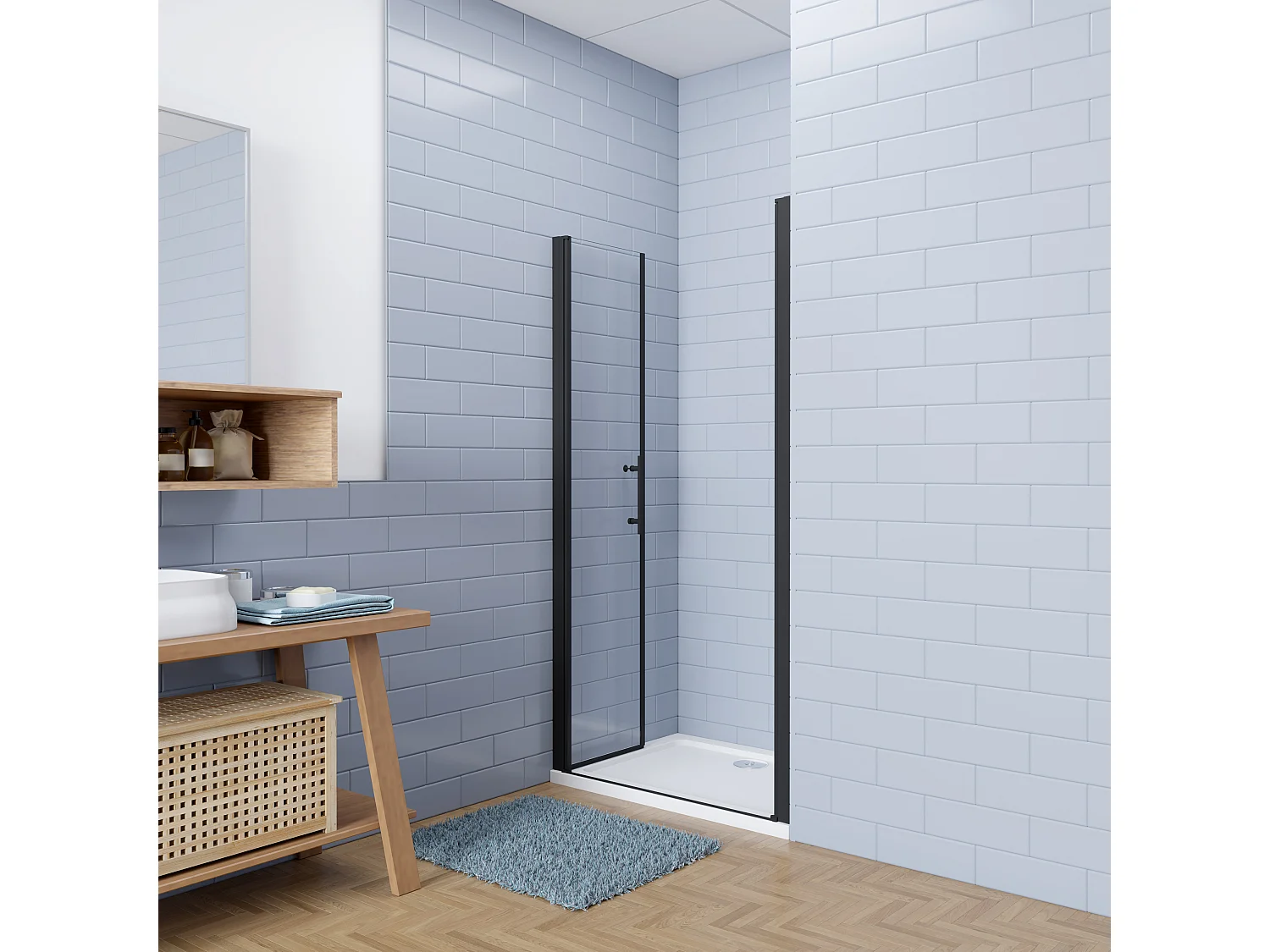Aica industriële stijl dubbele draaideuren 70x195cm incl. Ultraplatte douchebak 140x70cm incl. sifon-6mm nano gehard veiligheidsglas-mat zwarte aluminium Profiel