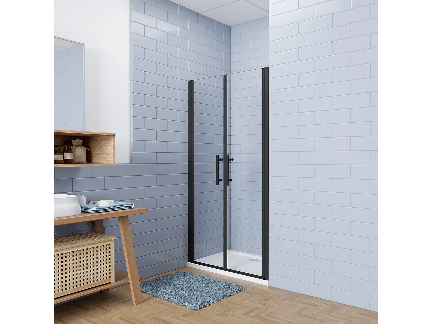 Aica industriële stijl dubbele draaideuren 140x195cm incl. Ultraplatte douchebak 140x90cm incl. sifon-6mm nano gehard veiligheidsglas-mat zwarte aluminium Profiel