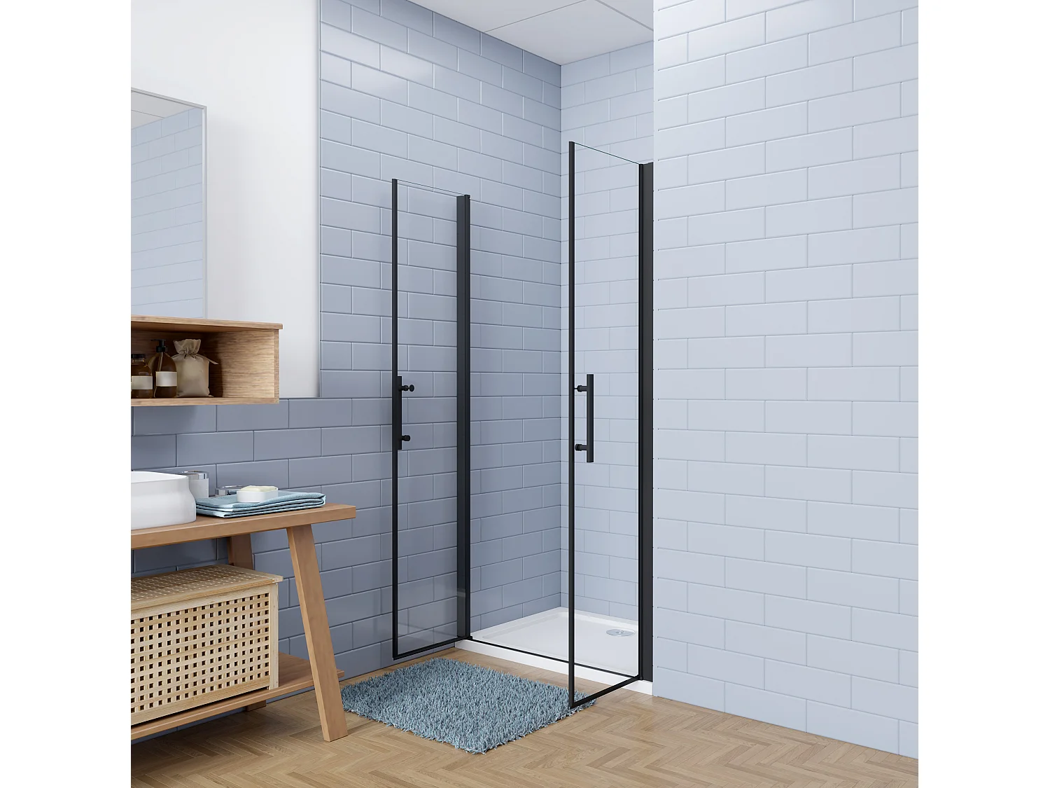 Aica industriële stijl dubbele draaideuren 70x195cm incl. Ultraplatte douchebak 150x70cm incl. sifon-6mm nano gehard veiligheidsglas-mat zwarte aluminium Profiel