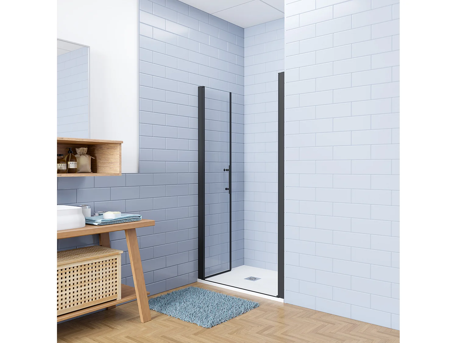 Aica industriële stijl dubbele draaideuren 80x195cm incl.wit ultraplatte douchebak 80x80cm-Slate leisteenlook-incl.sifon-6mm nano gehard glas-mat zwarte aluminium