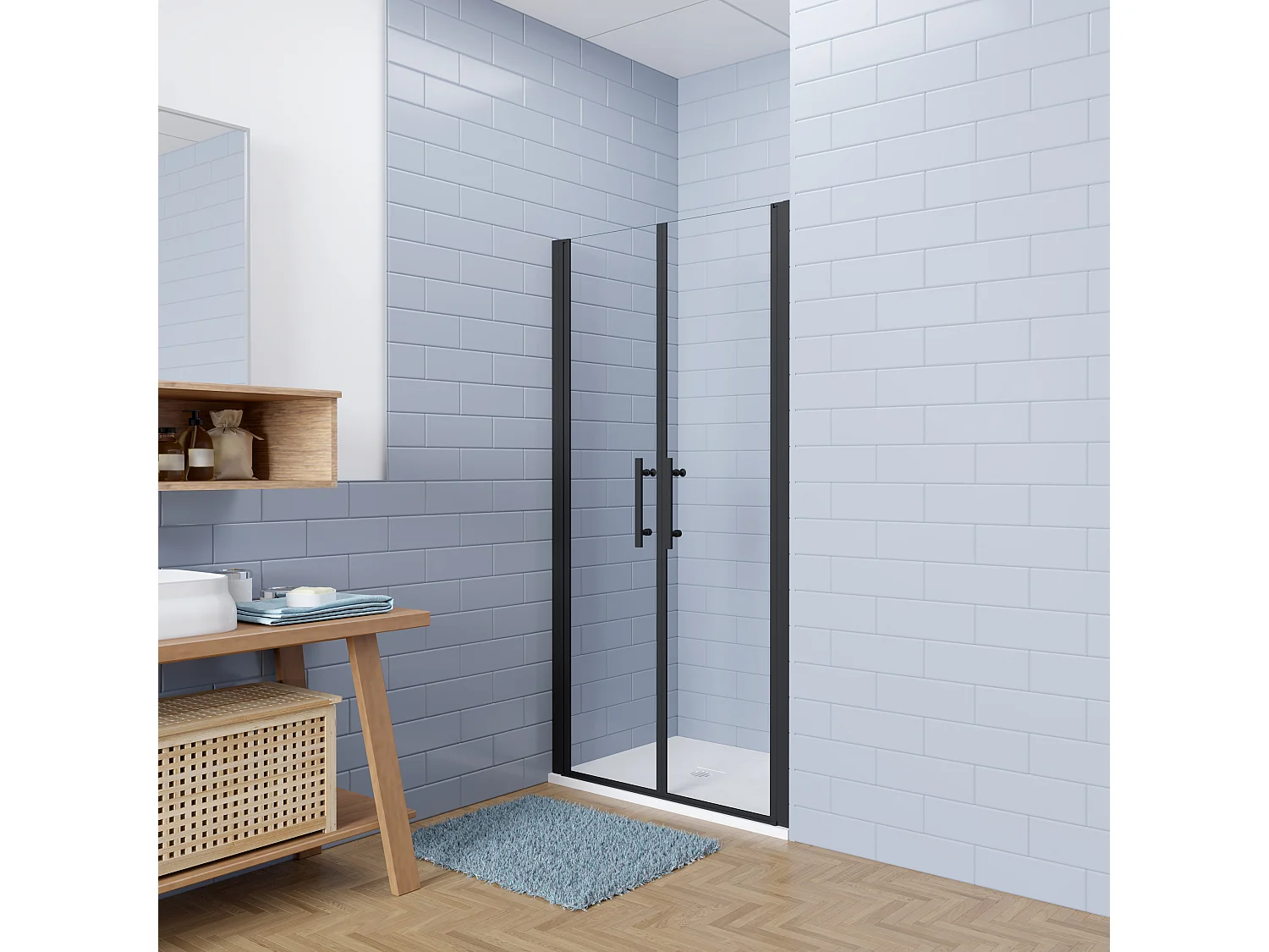 Aica industriële stijl dubbele draaideuren 80x180cm incl. ultraplatte douchebak 80x80cm-Slate leisteenlook-incl. sifon-6mm nano gehard glas-mat zwarte aluminium