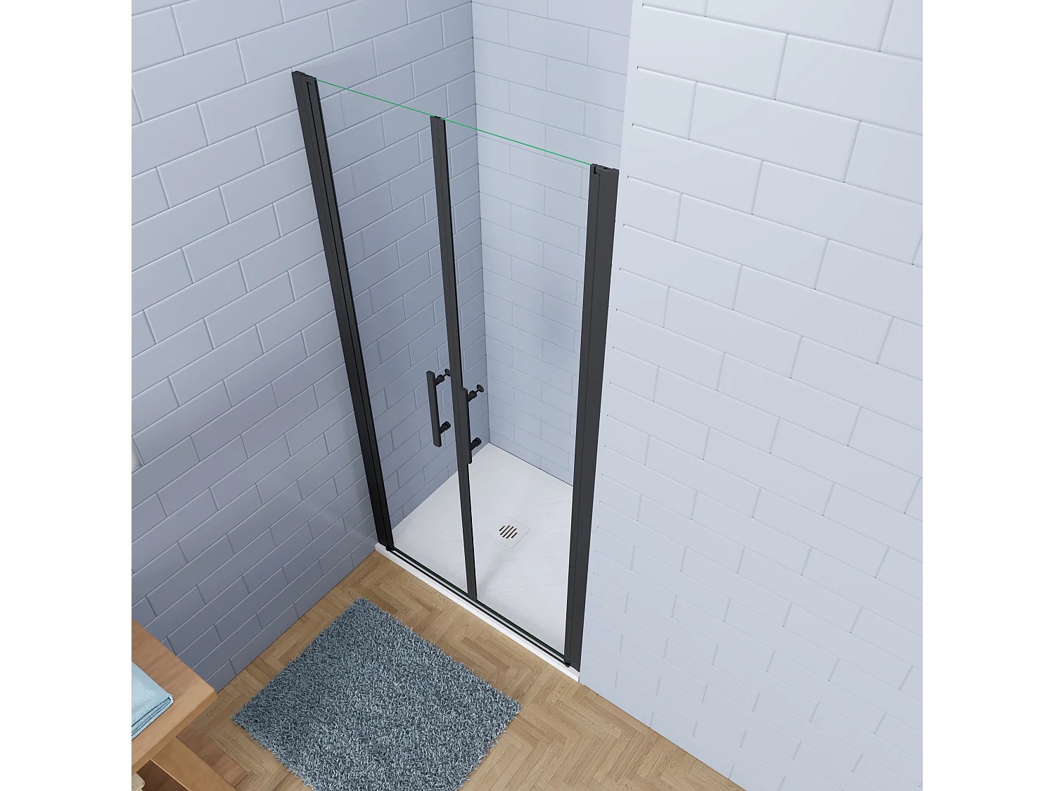Aica industriële stijl dubbele draaideuren 80x180cm incl. ultraplatte douchebak 80x80cm-Slate leisteenlook-incl. sifon-6mm nano gehard glas-mat zwarte aluminium