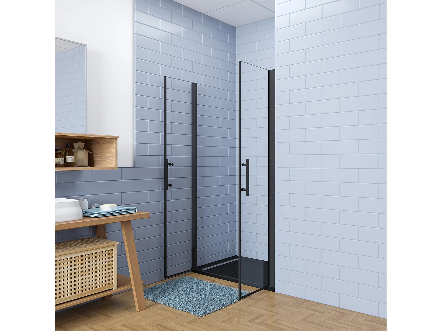 Aica industriële stijl dubbele draaideuren 80x195cm incl. Ultraplatte zwart douchebak 80x160cm incl. sifon-6mm nano gehard veiligheidsglas-mat zwarte aluminium