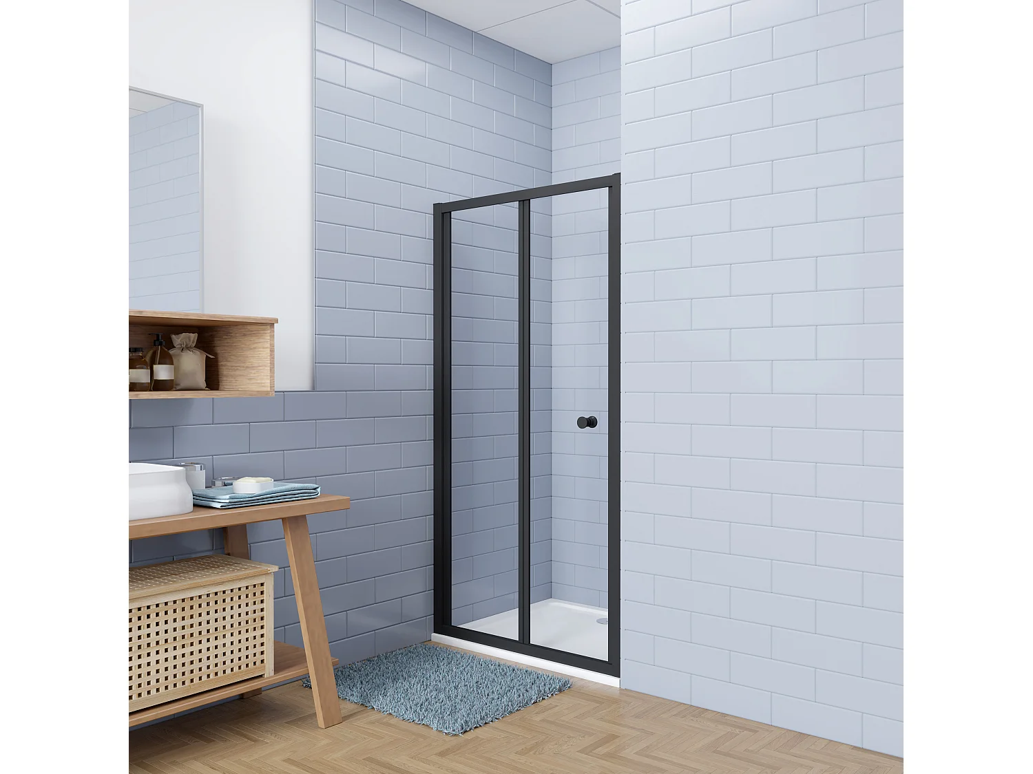 Aica industriële stijl vouwdeur douchedeur 80x195cm incl. Ultraplatte douchebak 80x76cm incl. sifon-5mm gehard veiligheidsglas easyclean-mat zwart aluminium frame