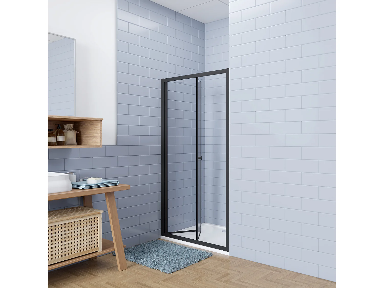 Aica industriële stijl vouwdeur douchedeur 90x195cm incl. Ultraplatte douchebak 140x90cm incl. sifon-5mm gehard veiligheidsglas easyclean-mat zwart aluminium frame