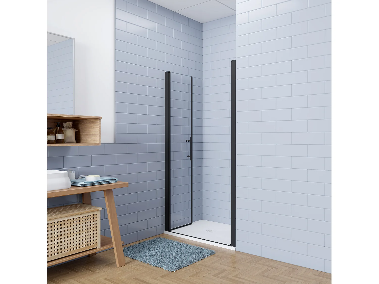 Aica industriële stijl dubbele draaideuren 80x195cm incl.wit ultraplatte douchebak 80x80cm-Slate leisteenlook-incl.sifon-6mm nano gehard glas-mat zwarte aluminium