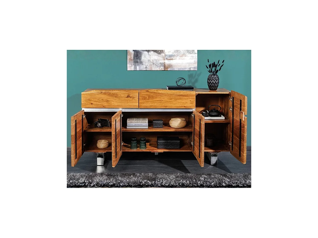 Buffet ARKAYA 170 cm en bois massif d'acacia – 4 portes, 2 tiroirs et piètement métal