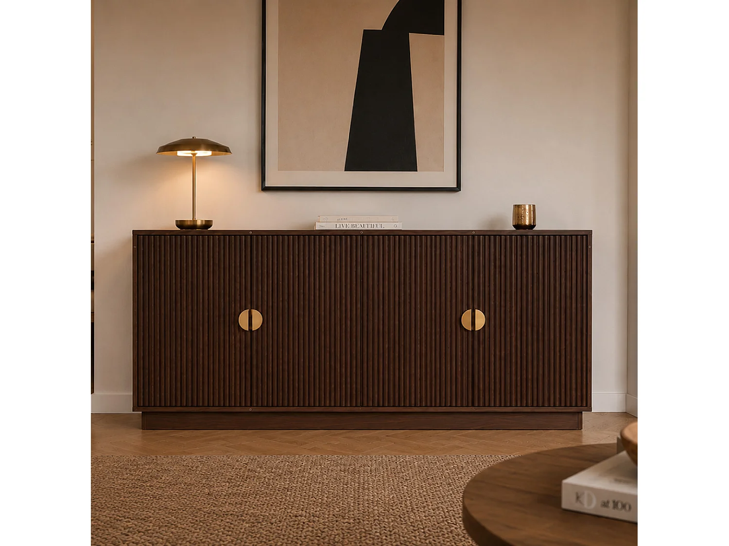 Buffet 4 portes cannelées effet noyer 160 cm TEGAL