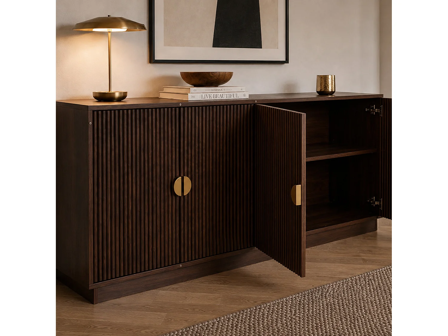 Buffet 4 portes cannelées effet noyer 160 cm TEGAL