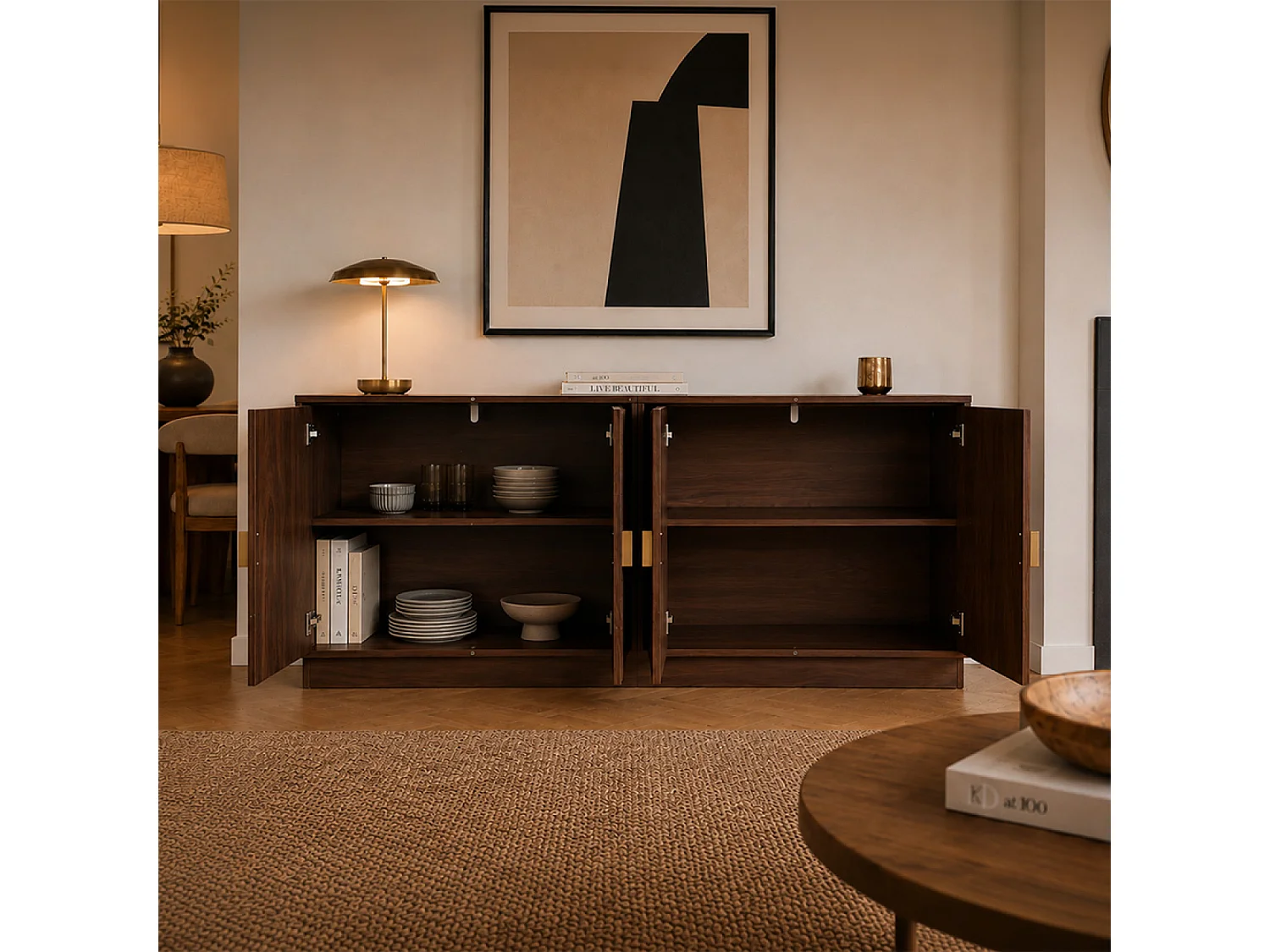 Buffet 4 portes cannelées effet noyer 160 cm TEGAL