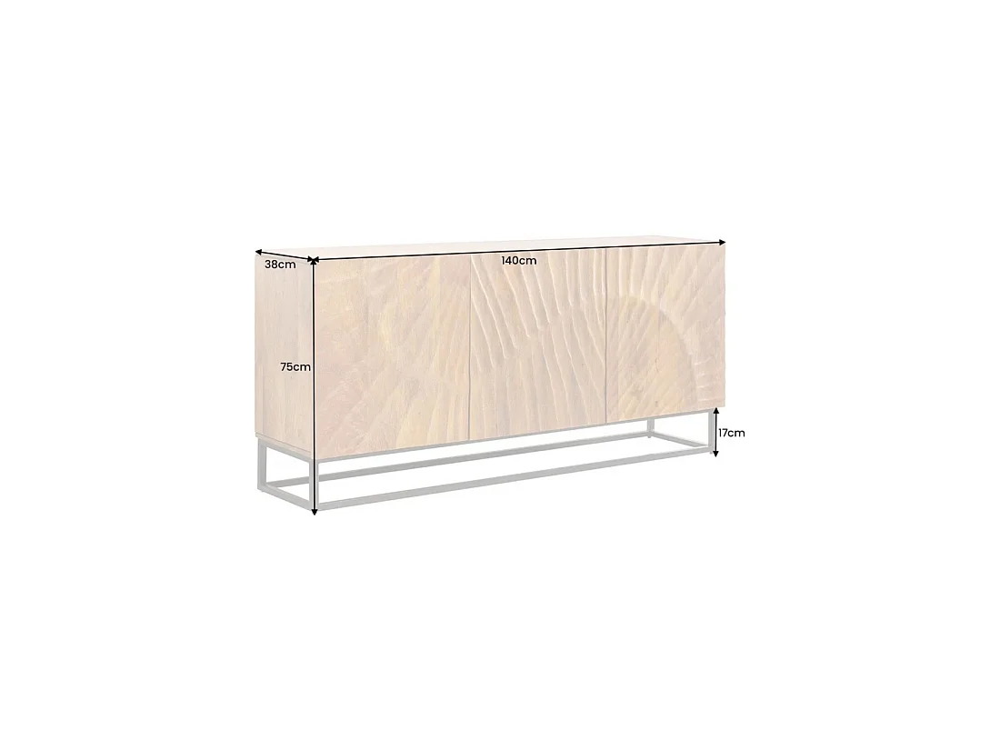 Buffet SILVA 140 cm in massief mangohout met gesneden details – 3 deuren en zwart metalen onderstel
