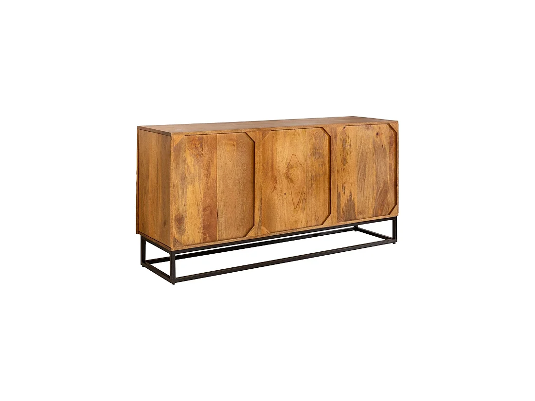 Buffet SILVA 140 cm in massief mangohout met gesneden details – 3 deuren en zwart metalen onderstel