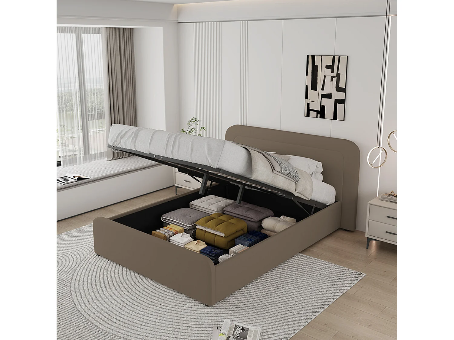 Lit avec coffre de rangement 140x190cm en velours marron BOISE