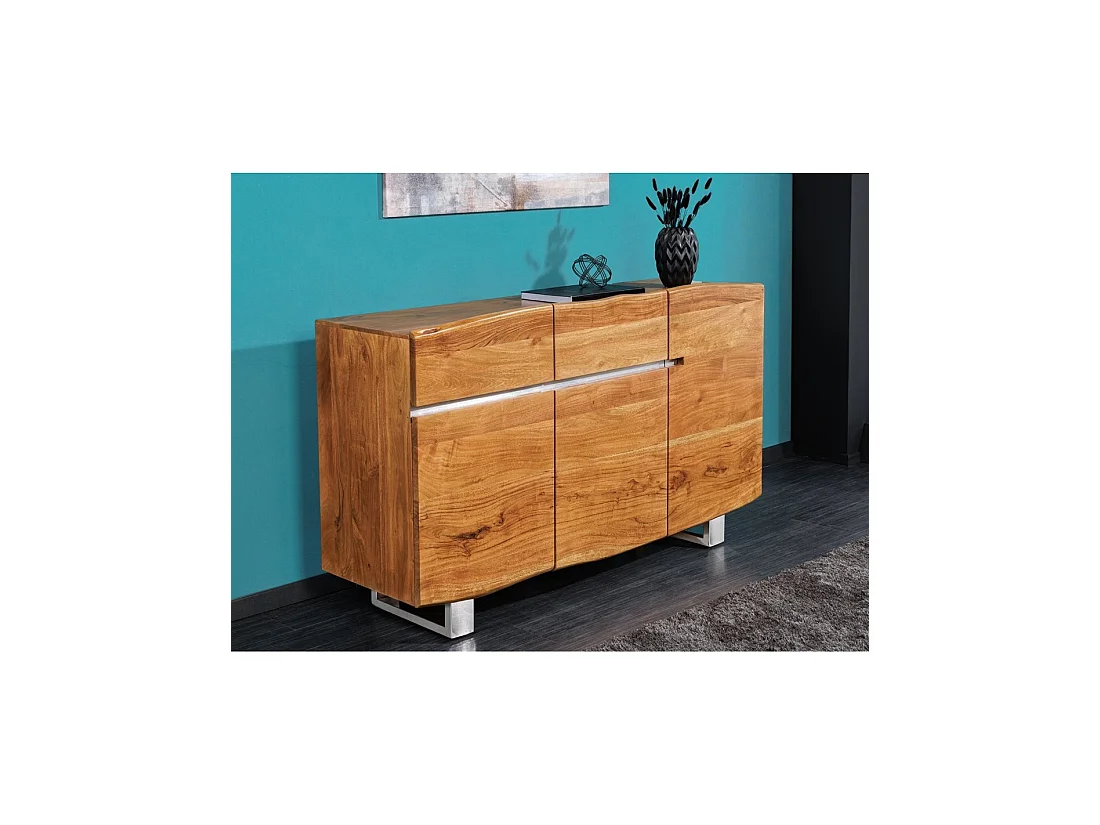 Buffet ARKAYA 135 cm en bois massif d'acacia verni – 3 portes, 2 tiroirs et pieds acier