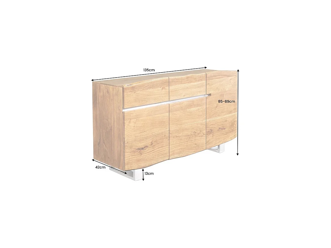 Buffet ARKAYA 135 cm en bois massif d'acacia verni – 3 portes, 2 tiroirs et pieds acier