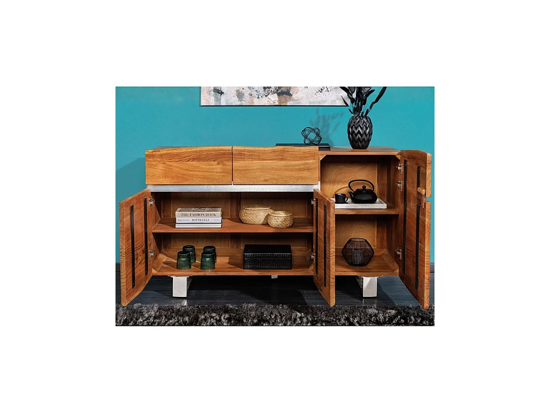Buffet ARKAYA 135 cm en bois massif d'acacia verni – 3 portes, 2 tiroirs et pieds acier