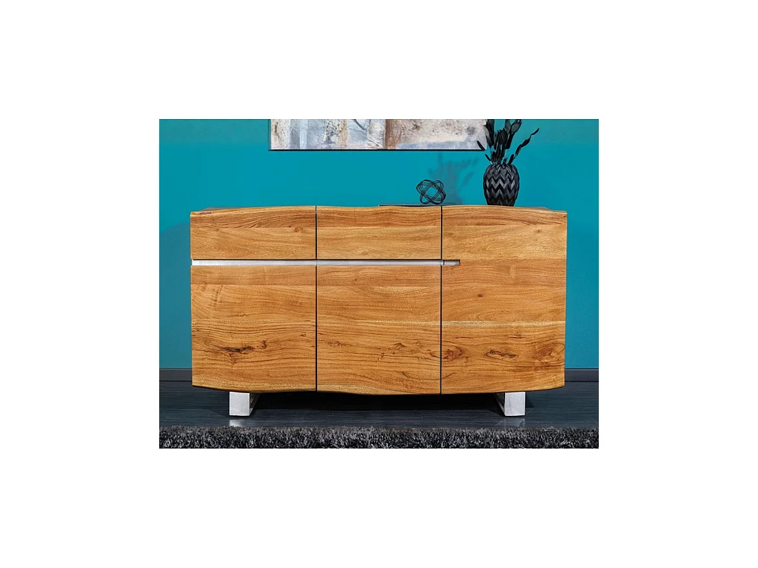Buffet ARKAYA 135 cm en bois massif d'acacia verni – 3 portes, 2 tiroirs et pieds acier