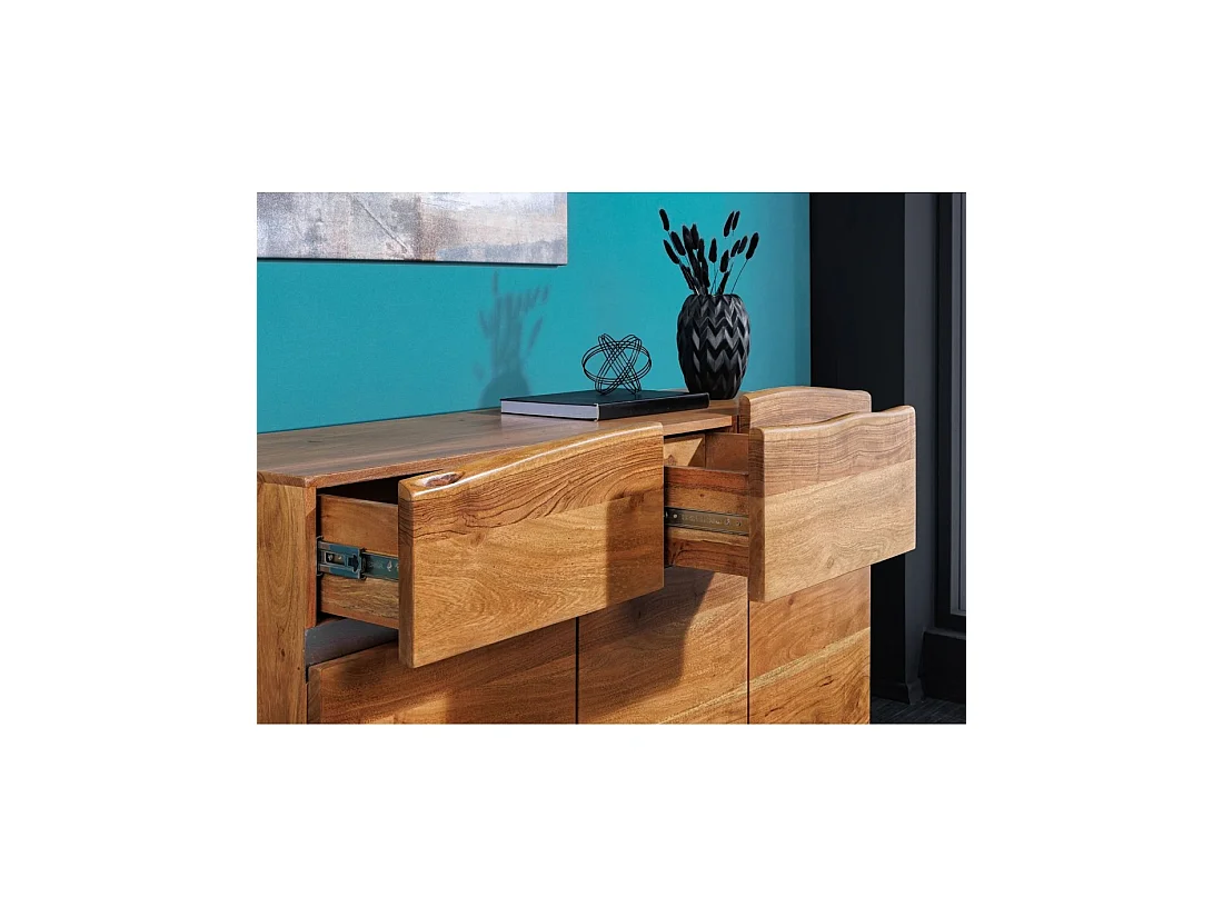 Buffet ARKAYA 135 cm en bois massif d'acacia verni – 3 portes, 2 tiroirs et pieds acier