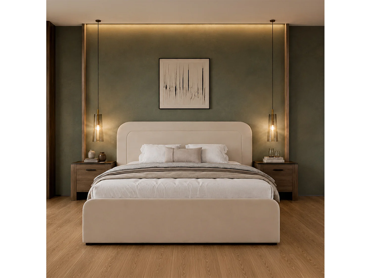 Lit avec coffre de rangement 140x190cm en velours beige BOISE